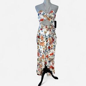 Travel resort dress halter bandeau hi-low strapless floral romantic garden dress